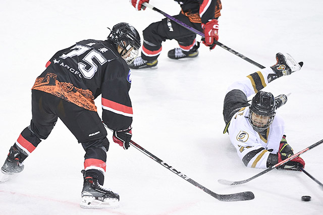 2月20日,第十四届全国冬季运动会冰球项目男子青年组小组循环赛A组比赛中,北京队12比1战胜四川队。北京队球员成果(右)与四川队球员马龙在比赛中拼抢。新华社记者 邓华 摄